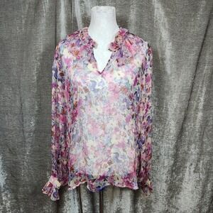 Johnny‎ Was Jade Floral Silk Blouse Ruffle Collar Long Sleeve Sheer L